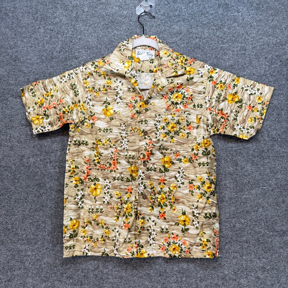 Waikiki Holiday Shirt Womens 14 Tan Floral Made In Hawaii Aloha Camp 90s Vintage